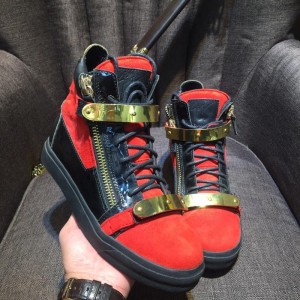 Giuseppe Zanotti Red velvet and gold bi-metal plaque and black sole high-top Perfect sneakers MS03036