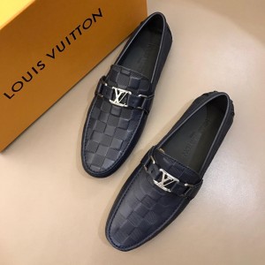 Louis Vuitton Arizona Moccasin Deep Blue Embossed Grid Loafers With Silver Buckle MS02793