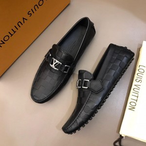Louis Vuitton Arizona Moccasin Black Embossed Grid Loafers With Silver Buckle MS02794